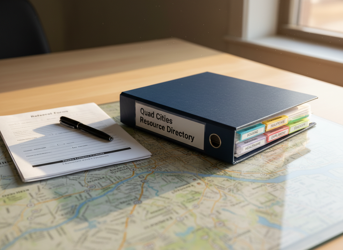 A photographic close-up of a sturdy, dark-blue three-ring binder labeled “Quad Cities Resource Directory” in clean white lettering on the spine and cover, resting on a smooth, light maple desk. Colorful tabbed dividers peek from the binder’s side, each labeled for categories like housing, healthcare, and transportation. Beside it lies a neatly aligned stack of printed referral forms and a slim black pen with a brushed metal clip. A large city map of the Quad Cities area, lightly out of focus, is visible beneath a glass desktop surface, offering faint outlines of streets and riverfront. Soft afternoon window light washes across the scene from the right, creating a calm, focused atmosphere with gentle shadows. Shot from a slightly elevated angle with shallow depth of field and photographic realism, the composition emphasizes reliability, organization, and local expertise.
