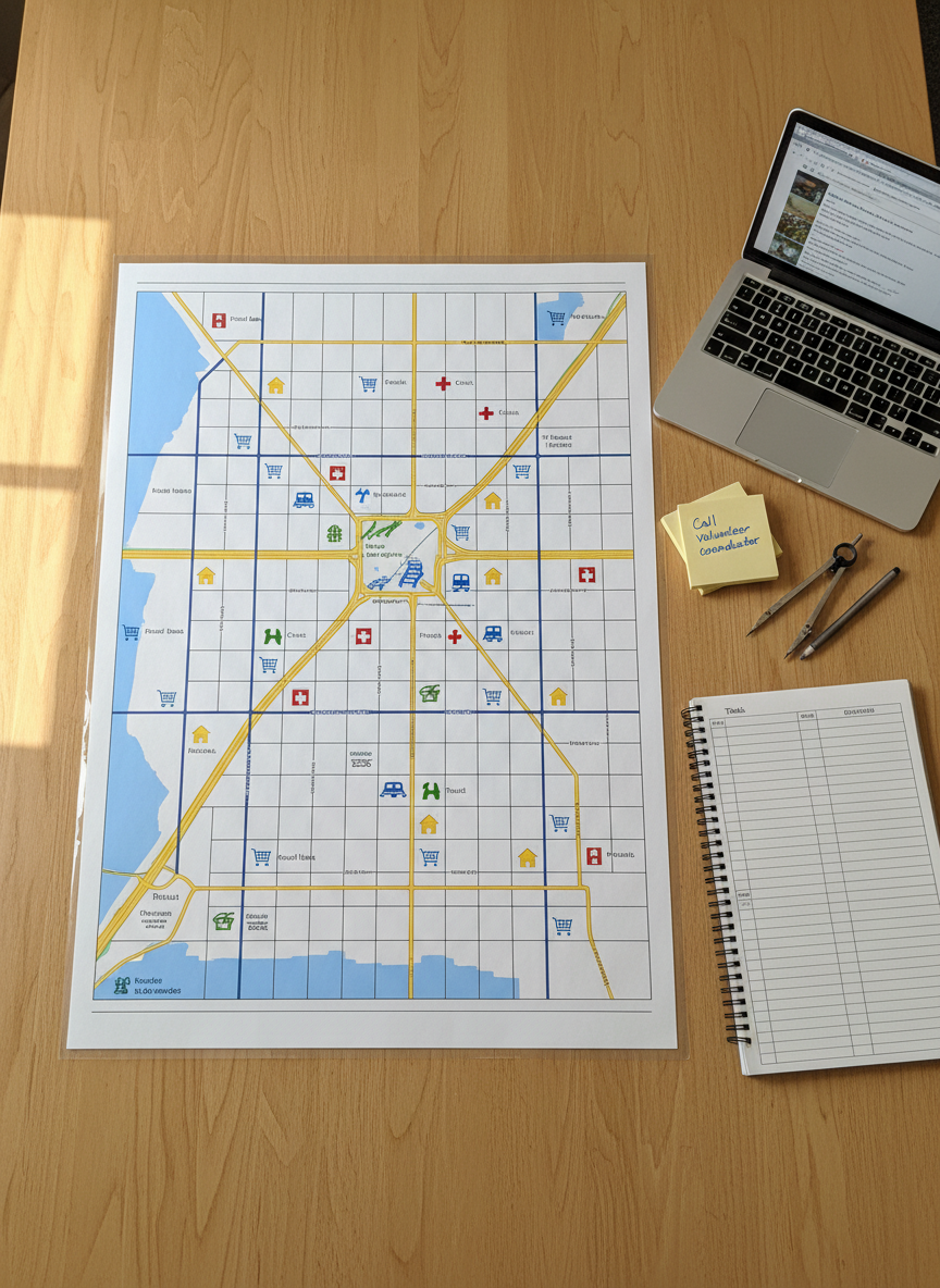 A detailed overhead photographic view of a large, laminated neighborhood resource map spread across a light oak community-center table. Color-coded icons indicate food banks, clinics, transit lines, and housing services, each printed with crisp, legible labels. Around the map are neatly arranged tools: a metal compass, sticky notes with handwritten reminders, a slim silver laptop showing an open browser tab labeled “Local Resources,” and a spiral-bound notebook with organized lists. Soft, diffused daylight filters through an unseen window, casting gentle, natural shadows and highlighting the subtle texture of the paper and wood grain. The mood is professional, calm, and solution-focused. Shot with sharp focus throughout and a clean, modern photographic realism, the composition uses the rule of thirds to emphasize clarity, organization, and accessibility of local support.
