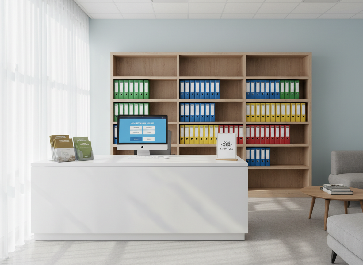 A wide, photographic shot of a calm, modern community resource office reception area without any people, centered on a sleek white reception desk with a subtle matte finish. On the desk sits a small stack of neatly arranged resource guides, a brushed metal stand holding a sign that reads “Local Support & Services,” and a tidy desktop computer with a resource directory on-screen. Behind the desk, built-in shelves house clearly labeled binders and color-coded folders for housing, health, food, and legal assistance. Natural daylight streams through large windows to the left, softened by sheer white curtains, creating gentle highlights on the desk and soft shadows on a pale blue accent wall. The mood is professional, calm, and trustworthy. Captured at eye level with moderate depth of field and photographic realism, the composition uses the rule of thirds to highlight organization and accessibility.