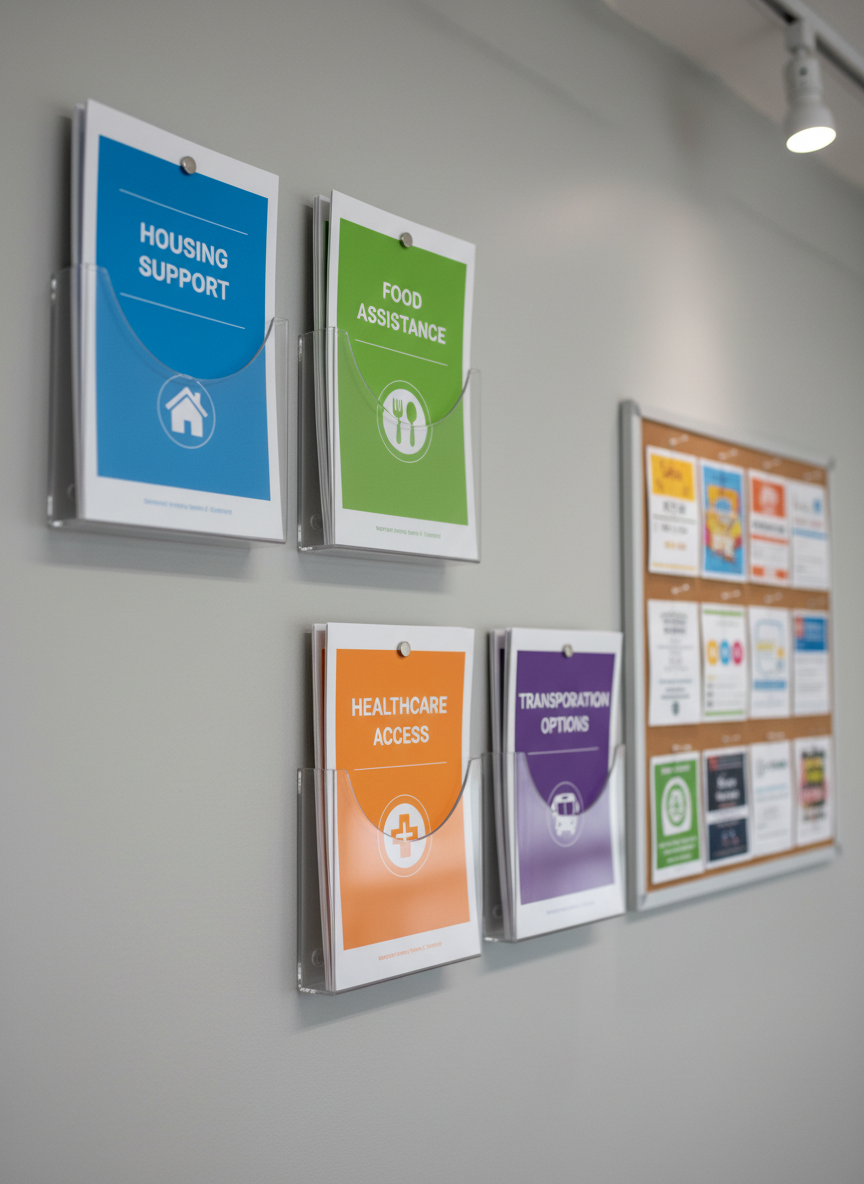 A close-up, eye-level photographic shot of a well-organized resource information wall in a community office, featuring clear acrylic brochure holders mounted on a matte light-gray wall. Each holder contains vibrantly colored but tastefully designed flyers labeled “Housing Support,” “Food Assistance,” “Healthcare Access,” and “Transportation Options,” all with clean typography and simple icons. A small corkboard section displays a tidy grid of pinned local event cards and service updates. Soft overhead LED lighting provides even, neutral illumination, creating minimal shadows and highlighting the crisp edges of the printed materials. The mood is welcoming and reassuring, emphasizing order and professionalism. The composition follows an asymmetrical balance with shallow depth of field, keeping the central brochures in sharp focus while the edges blur slightly, reinforcing a modern, accessible, photographic realism aesthetic.